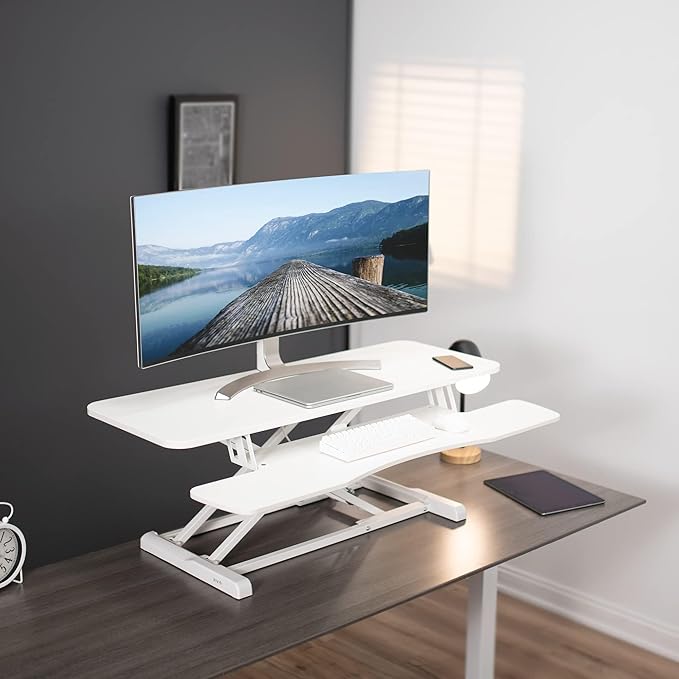 VIVO 42 inch Desk Converter, K Series, Height Adjustable Sit to Stand Riser, Dual Monitor and Laptop Workstation with Wide Keyboard Tray, White, DESK-V042KW