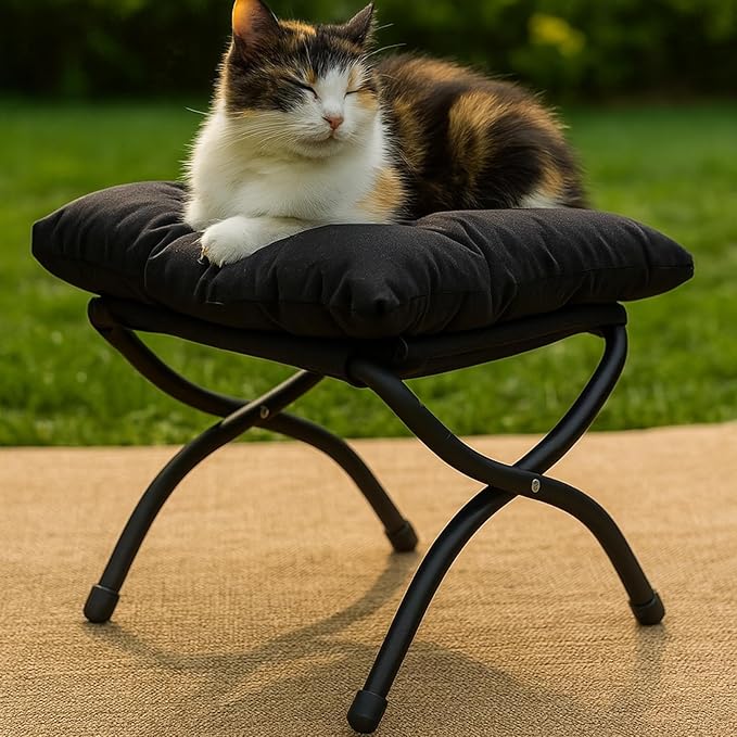 Welnow Folding Foot Stool, Upholstered Small Accent Ottoman with Detachable Thick Cotton Cushion Padded Sofa Stool and Metal Frame for Lazy Chair, Living Room, Bedroom, Black