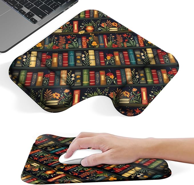Ergonomic Mouse Pad with Gel Wrist Rest (1"& 1.2" Dual Height) - Mouse Pads Compact Mousepad Desk Mat Office, Gaming & Carpal Tunnel Relief | Non-Slip Rubber Base Vintage Bookshelf