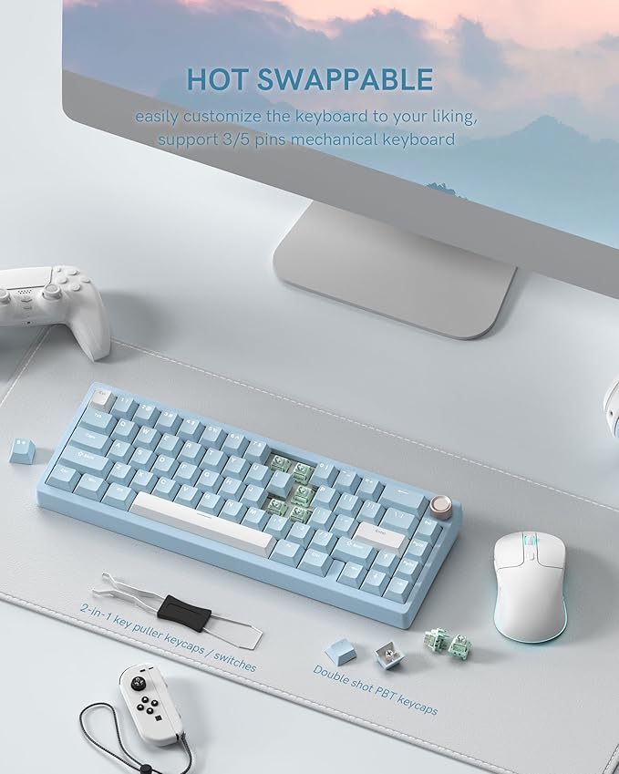 Womier SK65 Wireless Mechanical Gaming Keyboard with Knob, 60 Percent Creamy Aluminium Keyboard for PC, Bluetooth 5.0/2.4GHz/USB-C Wired, Hot Swappable Custom Lineaner Switch, RGB Backlit, Blue