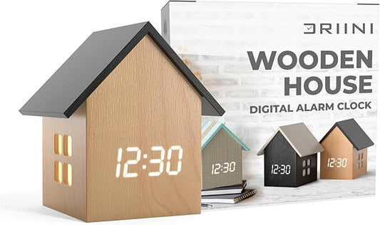 Driini Digital House-Shaped Alarm Clock with Temperature Display (Light Wood) – Modern Aesthetic - Cute Cube Frame and White LED Dimmer - Perfect Small Desk Clock for Bedside Table or Bedroom Mantle