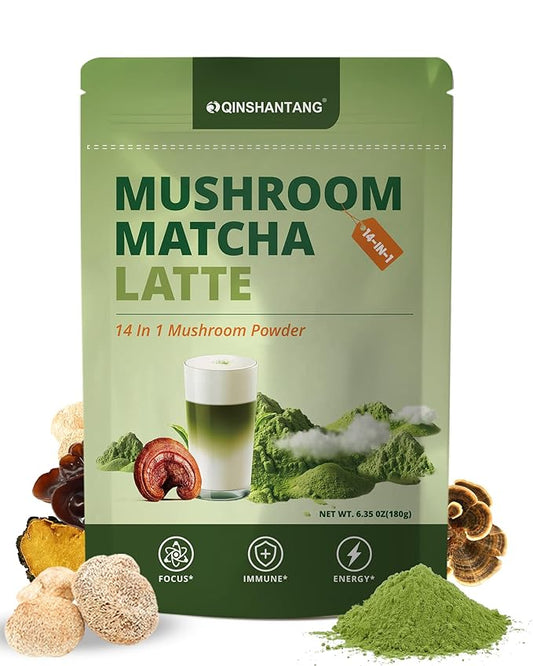 Mushroom Matcha Latte, Ceremonial Matcha Green Tea Powder with 14 Mushrooms, Probiotics and MCT Powder | Lion's Mane, Reishi & Chaga | Instant Latte Mix, Non-GMO, Vegan & Sugar-Free | 6.35 Oz