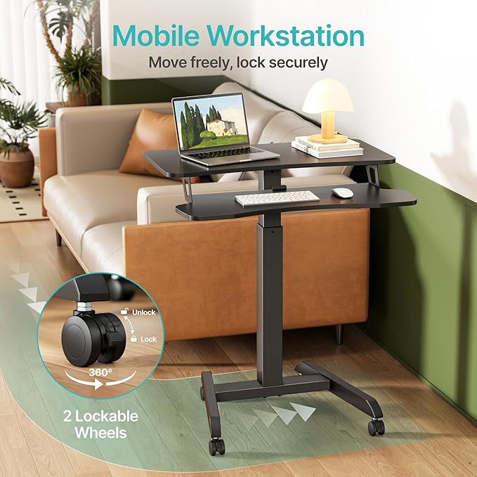 Standing Rolling Desk-Height Adjsutable up to 47.2' Rolling Podium for Teachers, 31.2'× 27.5' Dual Tier Sanding Desk for Classroom, Moveable Laptop Cart, Teacher Podium with Wheels, Black