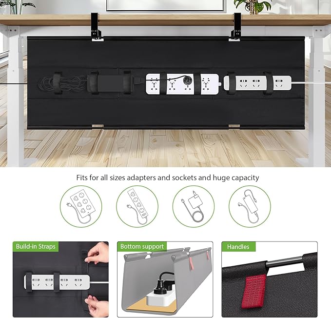 KEEGH Extra Large 48" Under Desk Cable Management Tray - Under Desk Cord Management - Clamp/Screw Mount - Support Upto 70lbs - Fabric Wire Management - Cable Raceways Tray Cord Hiders for Office/Home
