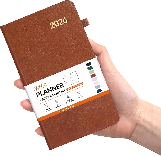 SUNEE 2026 Pocket Weekly Planner for Purse 3.5" x 6" - 12 Month (January 2026 - December 2026), Small Size Planner, Hardcover, Note, Brown