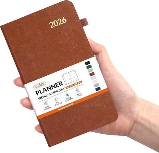 SUNEE 2026 Pocket Weekly Planner for Purse 3.5" x 6" - 12 Month (January 2026 - December 2026), Small Size Planner, Hardcover, Note, Brown