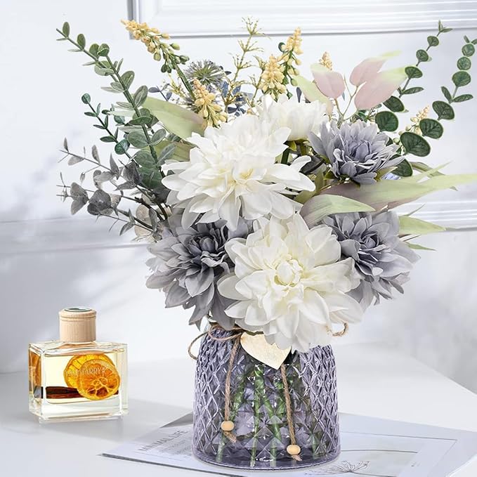 Home Decor Fake Flowers with Vase - Artificial Flowers Fake Plants Bouquet Decoration Realistic Dahlias, Hydrangeas, Eucalyptus Decor Modern Silk Flowers for Dining Table, Kitchen (Purple)