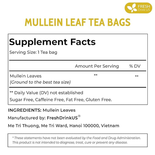 FreshDrinkUS, Premium 25 Mullein Leaf Tea For Lungs, Lung Detox Tea, Great Tea For Lung, Handmade, 100% Natural & Pure, Mullein Tea, Lung Detox For Smokers, No Sugar, No Caffeine, No Gluten, Vegan