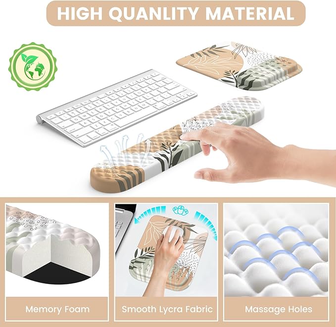 HAOCOO Computer Desk Mat Large, Ergonomic Mouse Pad with Wrist Rest and Keyboard Wrist Pad, 4 in 1 Desk Pad Set with Coaster, Massage Gaming Mousepad for Laptop Desktop Office, Boho Tropical Leaves