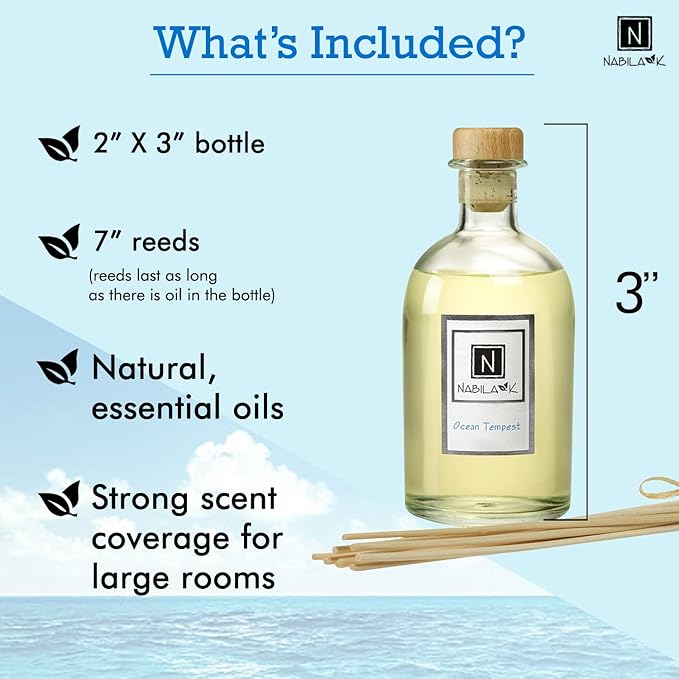 Nabila K Ocean Tempest Reed Diffuser Set – Fresh Floral & Marine Aromatic Oil for Home – Long-Lasting, Smokeless Scent – Made in USA – Includes Reeds + Bottle – Flameless Candle Alternative