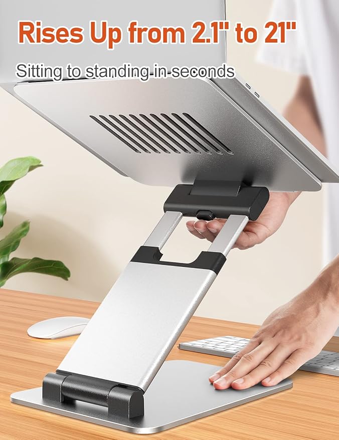 Ergonomic Laptop Stand for Desk, Sit to Stand Laptop Riser, Adjustable Height up to 21", Standing Computer Stand, Promote Healthy Posture Compatible with MacBook Air Pro, All Laptops 10-17"-Silver