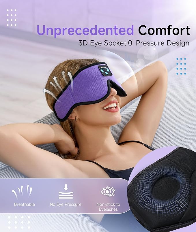 Voerou Sleep Headphones Bluetooth 5.4 Eye Mask, Sleep Mask with Bluetooth Headphones Wireless for Side Sleepers, Bulit-in Ultra-Thin Stereo Speakers Suitable for Sleep, Cool Gadgets for Men Women