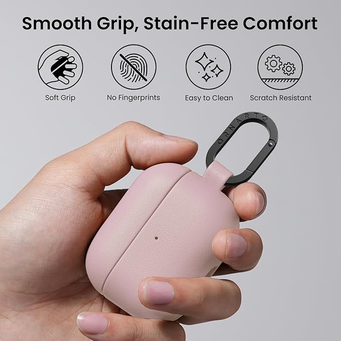 ORNARTO Compatible with AirPods Pro 2 Case, Full Protective Leather Cover with Carabiner, for Airpods Pro Case 2nd / 1st Generation (2022/2019), Front LED Visible,Wisp Pink