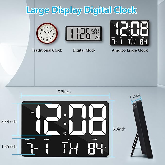 Amgico Digital Alarm Clock with Snooze, Temperature, Auto Dimming, 11.5" Large Display Calendar, Desk/Wall Clock for Bedroom, Living Room, Office, Home, Classroom, Kids, Elderly - White