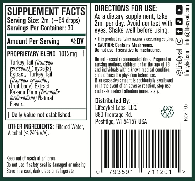 Life Cykel -Turkey Tail Mushroom Liquid Extract Kakadu Plum- 100% Organic Turkey Tail Mushrooms-Immune Support Supplement Immune Defense Antioxidants Vitamin C Made in US, 2 Fl oz(Packaging May Vary)