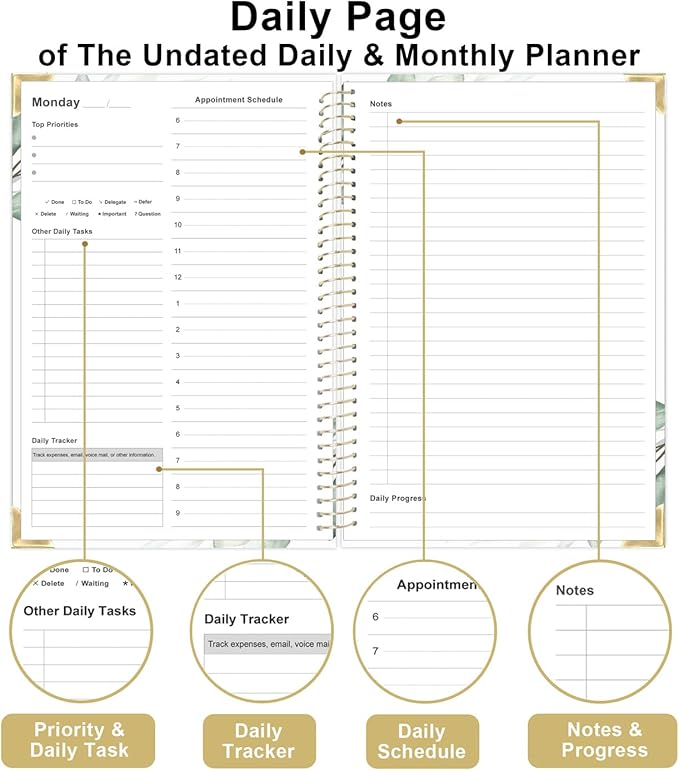 Undated Daily Monthly Planner for 2025 2026 - A5 To Do List with Hourly Schedule, Hardcover Spiral Bound Daily Planner to Increase Focus, Stylish School/Office Supplies, 5.8" x 8.5", Green Leaf