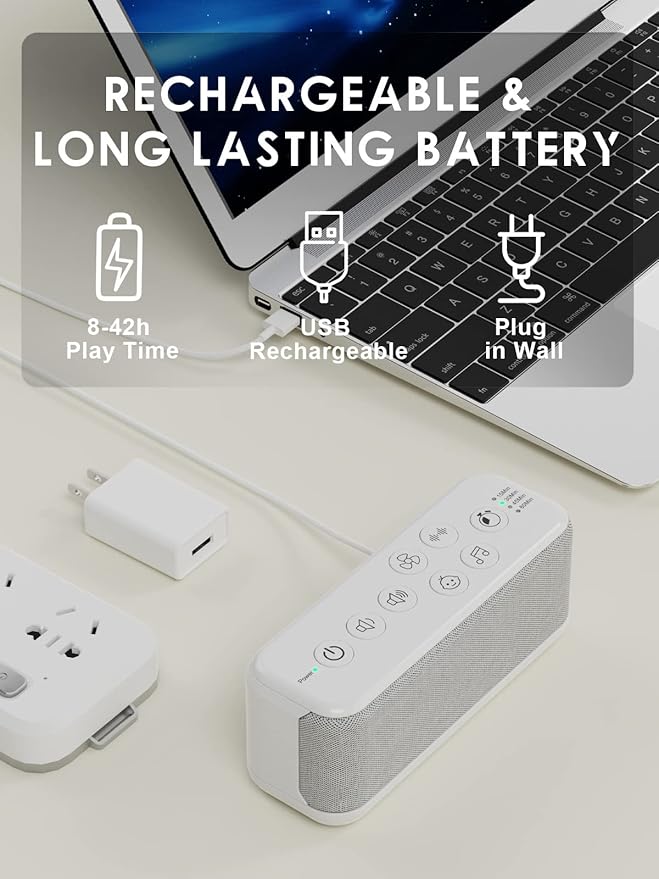 OnLyee White Noise Machine for Office Privacy & Noise Canceling, USB Rechargeable Sound Machine for Sleeping Adults, 42 Soothing Sounds, Lullabies, Fan Sounds, Auto-Off Timer – Ideal for Sleep & Focus