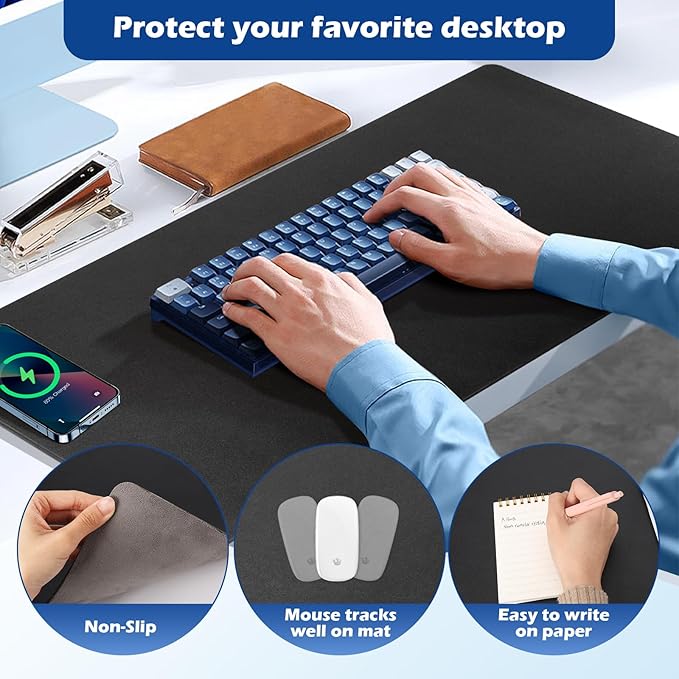 Wireless Charging Desk Mat with Desk Pad for Desktop Charging Large Mouse Pad Waterproof Leather Computer Mat Mouse Pad Non-Slip Protector on Top of Desks for Keyboard and Mouse (black-l, 32*16inch)