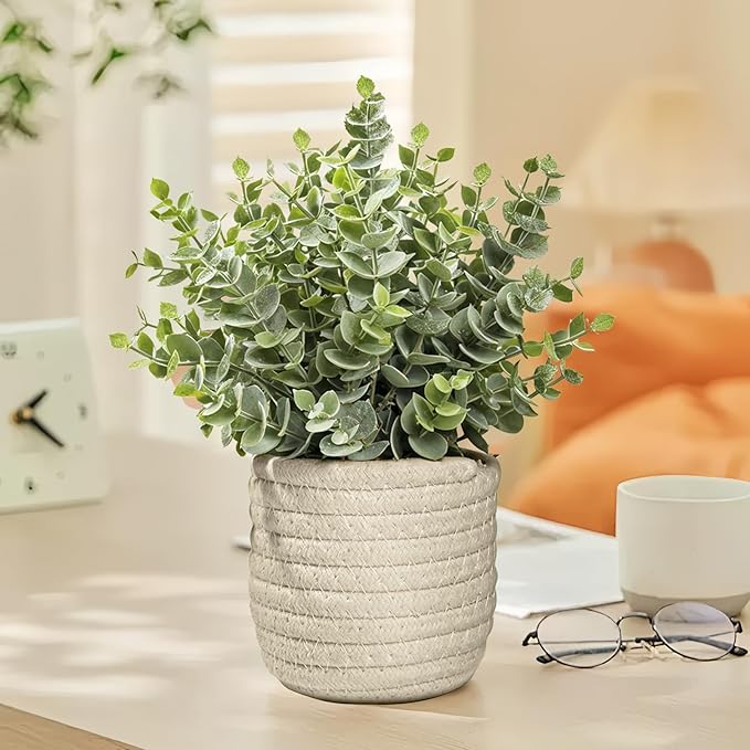 Hopewood Faux Plants, Fake Plants Eucalyptus Potted for Home Office Desk, Artificial Eucalyptus with a Weave Basket for Indoor Greenery Tabletop