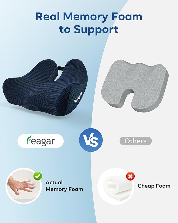 Feagar Seat Cushion - Office Chair Cushion for Hip, Sciatica & Tailbone Pain Relief - Memory Foam Pressure Relief Seat Cushion, Large Wrapped Design for Wheelchair, Car Seat & Long Sitting (Blue)