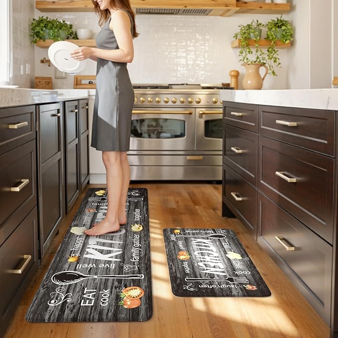 KIMODE Anti Fatigue Kitchen Mat 2PCS,Non Slip Waterproof Kitchen Rugs,Farmhouse Grey Kitchen Mat for Floor,Cushioned Comfort Foam Standing Mat for Home,Laundry,Sink,Desk
