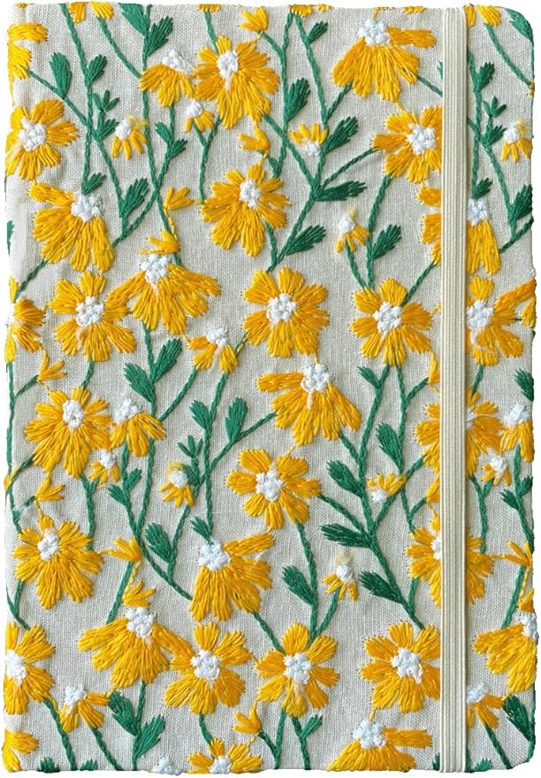 Daisy Gift, Flower Journal, Embroidered Notebook, Beautiful Journals for Women, 8"x6", Hardcover, Lay Flat, A5, Lined Paper, Wide Ruled Page, Writing Journal, Yellow Daisy, with Elastic Band