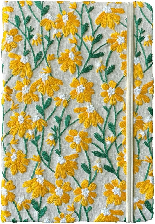 Daisy Gift, Flower Journal, Embroidered Notebook, Beautiful Journals for Women, 8"x6", Hardcover, Lay Flat, A5, Lined Paper, Wide Ruled Page, Writing Journal, Yellow Daisy, with Elastic Band