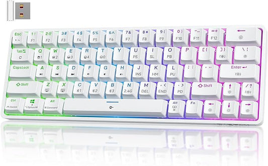TMKB T63 Gaming Keyboard, 60% Wireless Mechanical Keyboard with Bluetooth/2.4G/Type-C, Compact 63 Keys Anti-Ghosting, RGB Backlight, Linear Red Switch - White