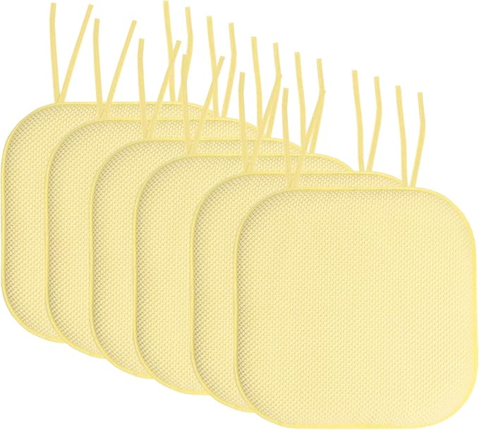 Sweet Home Collection Chair Cushion Memory Foam Pads with Ties Honeycomb Pattern Slip Non Skid Rubber Back Rounded Square 16" x 16" Seat Cover, 6 Pack, Yellow