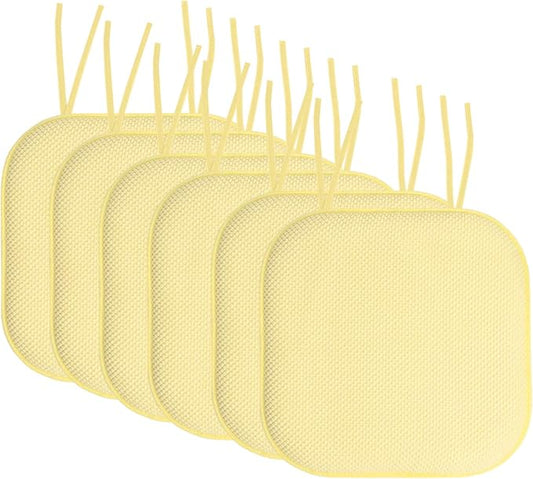 Sweet Home Collection Chair Cushion Memory Foam Pads with Ties Honeycomb Pattern Slip Non Skid Rubber Back Rounded Square 16" x 16" Seat Cover, 6 Pack, Yellow