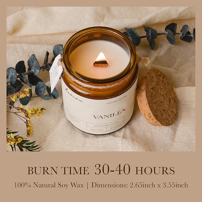 Scented Candle, 7.05 oz Vanilla Aromatherapy Candle, Natural Soy Wax with Wooden Wick, Candles for Home Scented, Stress Relief Amber Jar Candle Gifts
