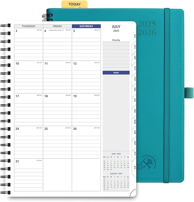POPRUN 2025-2026 Monthly Planner Spiral Bound, 8.5'' x 11.25'' Academic Calendar (July 2025-July 2026) Appointment Book with Stair Tabs, Leather Cover, 4 Pages per Month with Notes - Pacific Green