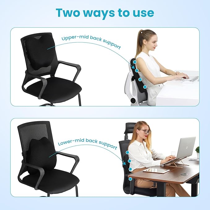 Lumbar Support Pillow Office Chair Car Back Pillow, Ergonomic Lower Back Pain Relief Breathable Air Fiber Cushion for Long Sitting Worker Driver & Handicapped, Adjustable Strap (Black)