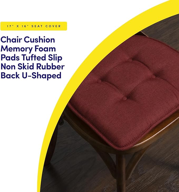 Sweet Home Collection Chair Cushion Memory Foam Pads Tufted Slip Non Skid Rubber Back U-Shaped 17" x 16" Seat Cover, 12 Count (Pack of 1), Wine Burgundy