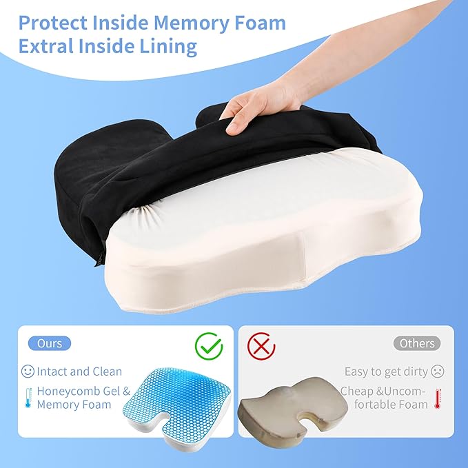 Seat Cushion for Office Chair, Gel & Memory Foam Chair Cushion, Sciatica & Coccyx Pain Relief Cushion for Long Sitting Office Workers, Car Drivers