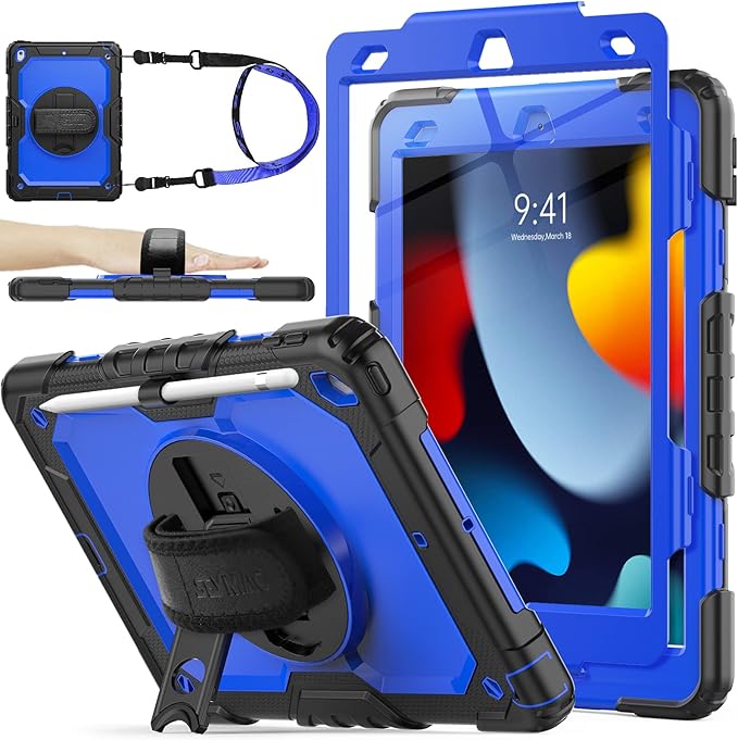 SEYMAC stock Case for iPad 9th/ 8th/ 7th Generation 10.2'', Shockproof with Screen Protector, Pencil Holder [360° Rotating Hand Strap] & Stand, for iPad 10.2 inch 2021-2019 (Blue+Black)