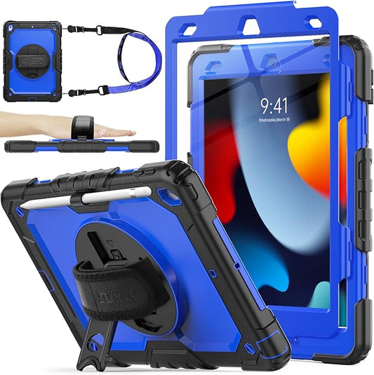 SEYMAC stock Case for iPad 9th/ 8th/ 7th Generation 10.2'', Shockproof with Screen Protector, Pencil Holder [360° Rotating Hand Strap] & Stand, for iPad 10.2 inch 2021-2019 (Blue+Black)