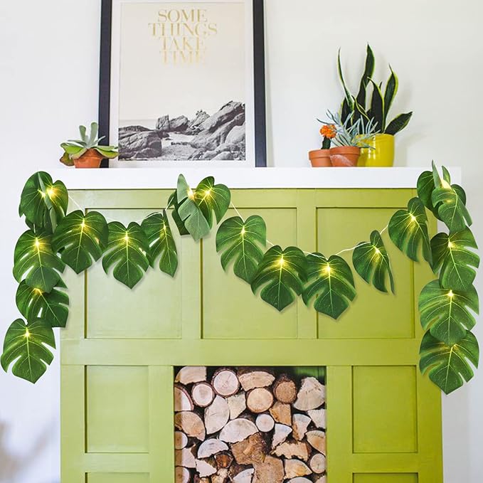 RECUTMS 2 Pack Artificial Tropical Palm Leaves String Lights, Large Size 20 LED Monstera Green Leaf Hanging Vine Greenery,Indoor Hawaiian Luau Jungle Beach Safari Baby Shower Party Spring Summer Decor