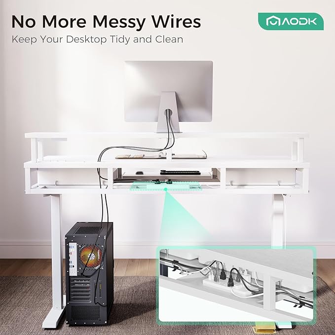 AODK Electric Standing Desk with Drawers & Keyboard Tray, 55 Inch Height Adjustable Gaming Desk with Power Outlets & LED Lights, Sit Stand Table with Monitor Stand for Home, Office, White