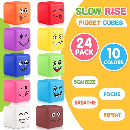 Slow Rising Stress Cube 24 Pack, Square Cube Fidget Ice Cube Stress Balls, Dough Stress Balls Soft Fidget Squishy Toys for Anxiety Relief, Pull Stretch Squishy Toy, Classroom Prize (Smile 24PACK)