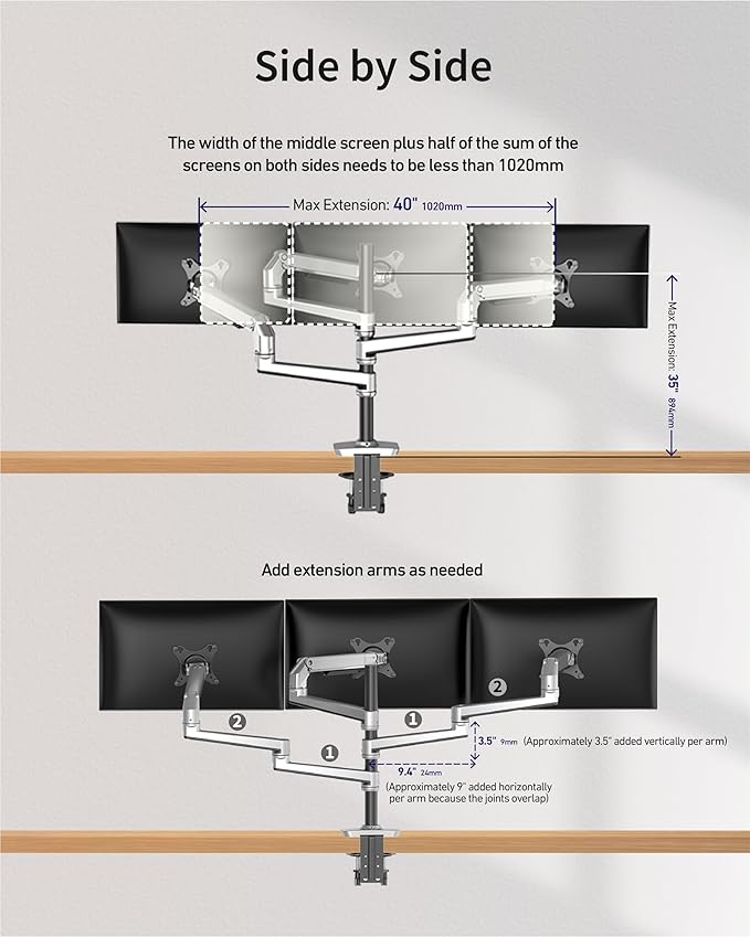 Triple Monitor Mount, Holds Screens up to 40 Inches and 25 lbs, Fully Adjustable 3 Monitor Desk Mount with C-Clamp and Grommet Base, Aluminum, Silver