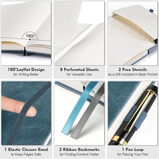 Bullet Dotted Journal, Large A4 Hardcover Leather Journal, 312 Numbered Pages Thick Journal, 100gsm No Bleed Paper Dot Grid Notebook for Women Men, 8.5'' × 11'', Grey Blue