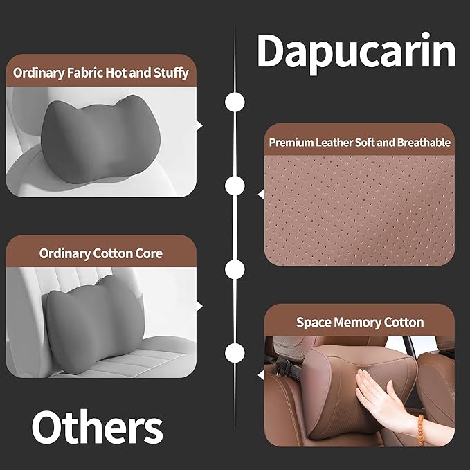 Car Headrest Pillow Memory Foam Breathable Removable Leather Cover Premium Seat Support Head Neck Cushion for Driving Traveling Home Office, Brown, 2 Pack