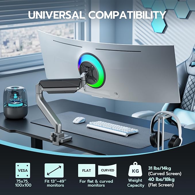 ARES WING Ultrawide Monitor Arm, Heavy Duty Single Monitor Mount for 13"-49" Curved Screens, Adjustable Stand for Desk with C-clamp & Grommet Base up to 40 LBS, Gray