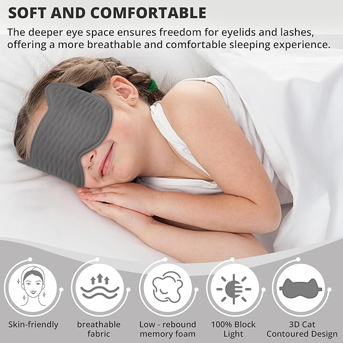 3D Kids Sleep Eye Mask: 3D Contoured Cup Sleeping Masks, Blindfold Sleep Eye Cover with Adjustable Strap, Memory Foam Lightweight Night Eyeshade for Boys Girls Teens (Gray)