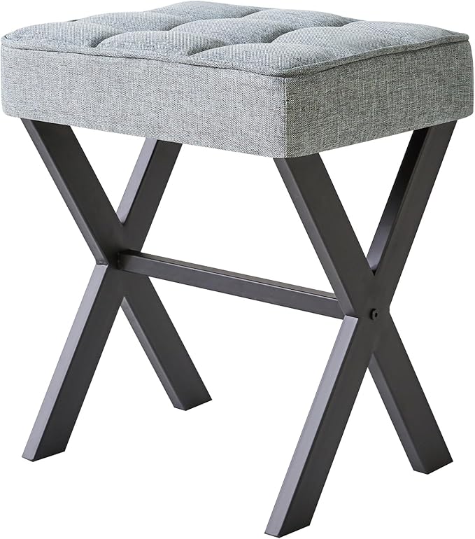 IBUYKE Square Makeup Stool with X-Leg Foot Rest, Linen Footrest, Ottoman Seat, Multi-Use as Small Side Table, for Bedroom, Living Room, Blue Gray LG-70L