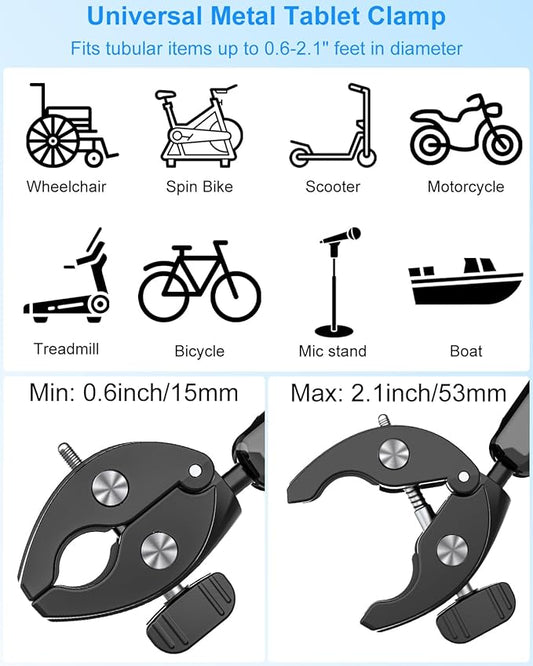 Metal Tablet Holder for Wheelchair Pole, Boat Helm, Stroller, Bike, Golf Cart, Mic Stand, Motorcycle, Bicycle Handlebar Clamp for iPad Pro 12.9, Air, Mini, Galaxy Tab, 4-13" Tablets & Phones