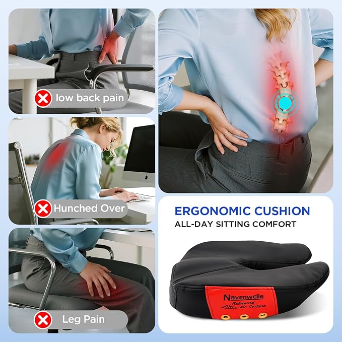 Seat Cushion for Office Chair – Memory Foam Car Seat Cushion for Sciatica, Tailbone, Back & Hemorrhoid Pain Relief U-Shaped Ergonomic High-Density Breathable Foam with Non-Slip Base (Black)