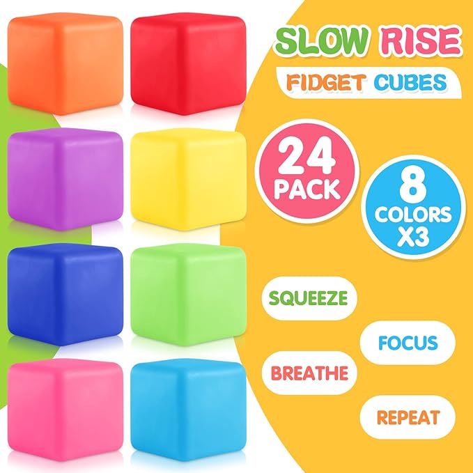 Fidget Toys Stress Cube, 24Pcs Stress Balls Bulk for Kids and Adult, Slow Rising Stress Ice Cube Stress Balls, Dough Square Ball Soft Fidget Squishy Toys for Anxiety Relief,
