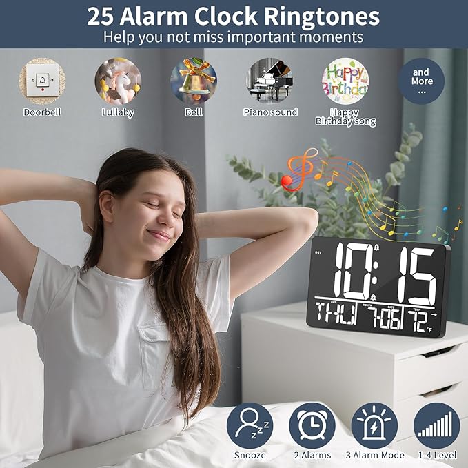 13" Digital Wall Clock Large Display with Remote, 25 Ringtones, Temperature, Calendar, 0-100% Auto or Custom Brightness, 12/24H, DST, Timer, for Living Room, Kitchen, Bedroom, Office, Elderly